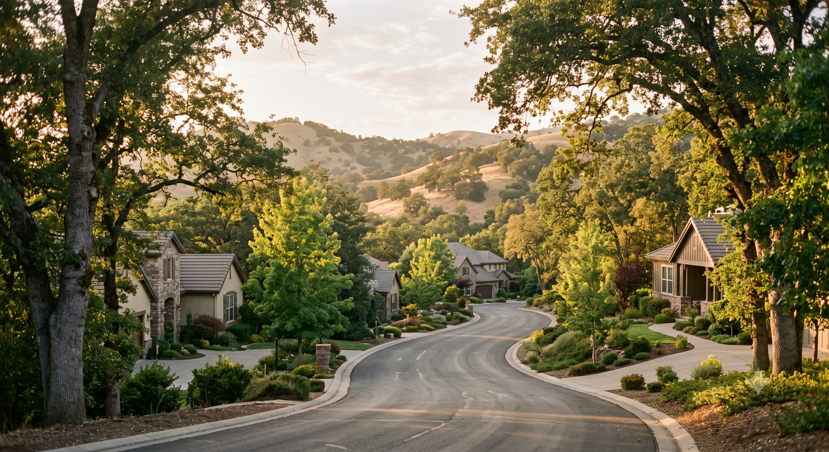 Oak-lined residential street in a quieter El Dorado Hills neighborhood